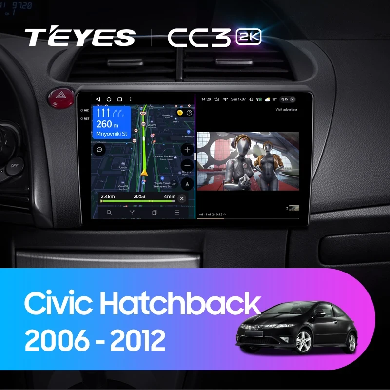 Штатная магнитола Teyes CC3 2K 360 6/128 Honda Civic Hatchback (2006-2012)