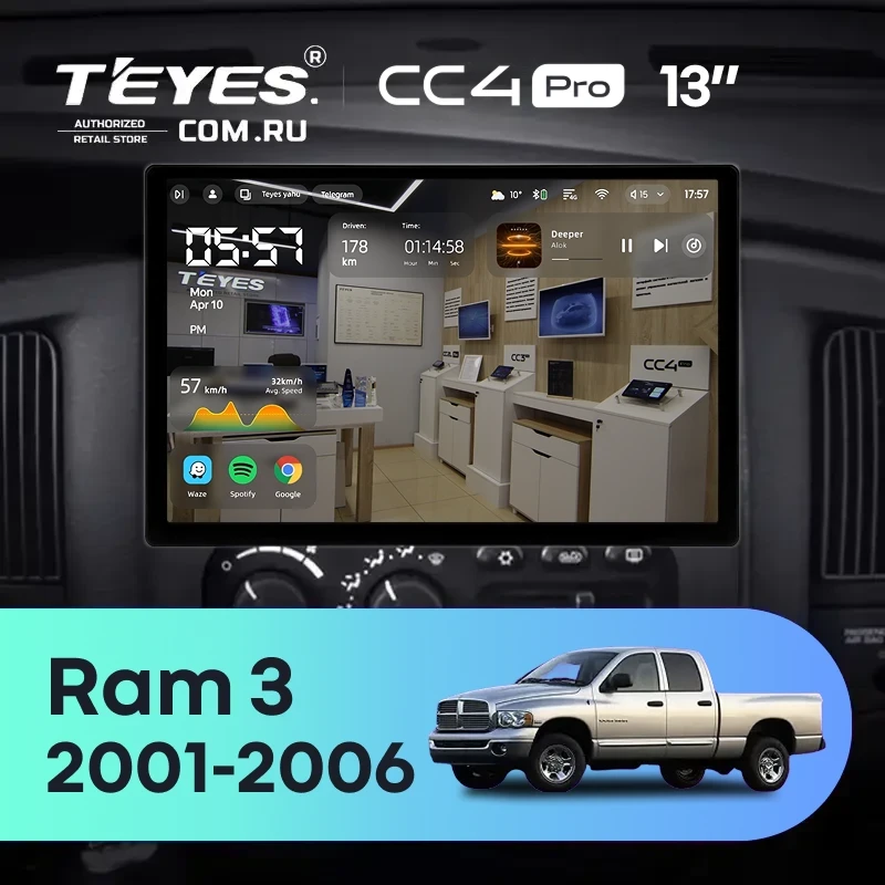 Штатная магнитола Teyes CC4 Pro 8/128 Dodge Ram 3 DR/DH (2001-2006) (0din) (13")