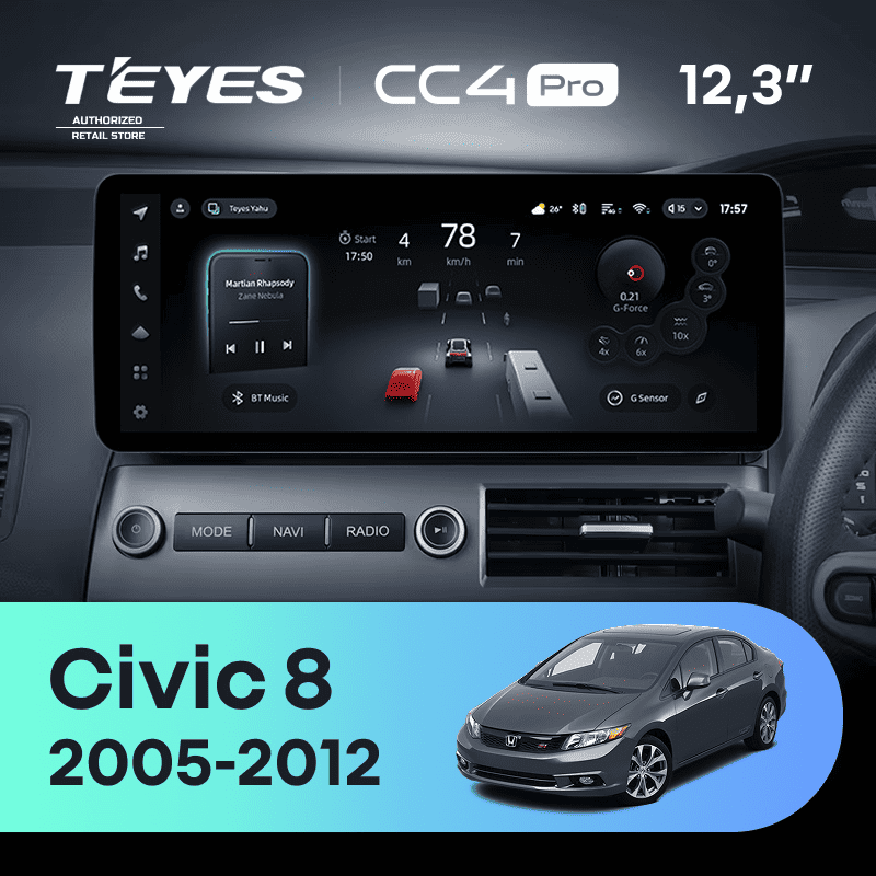 Штатная магнитола Teyes CC4 Pro 12.3" 8/128 Honda Civic 8 FK FN FD (2005-2012) Правый руль