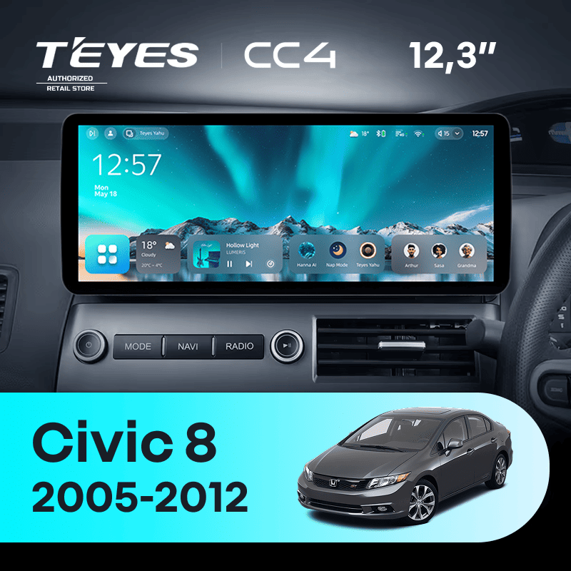 Штатная магнитола Teyes CC4 12.3" 6/64 Honda Civic 8 FK FN FD (2005-2012) Правый руль