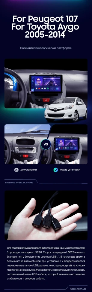 Штатная магнитола Teyes CC3 2K 360 6/128 Peugeot 107 (2005-2014)