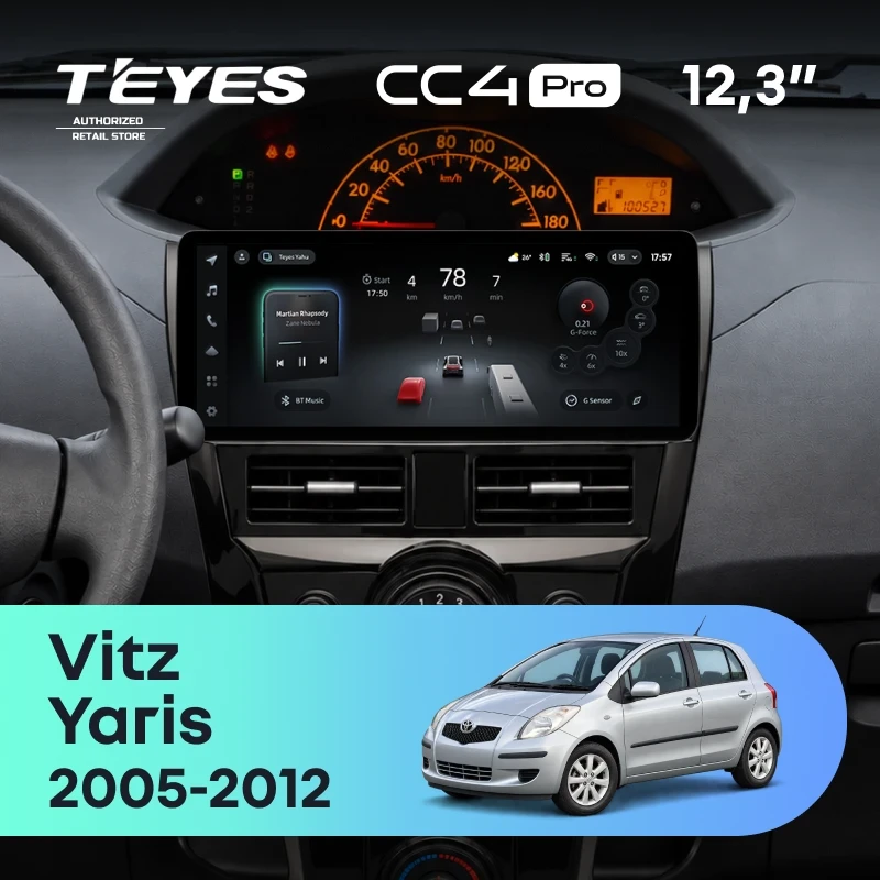 Штатная магнитола Teyes CC4 Pro 12.3" 8/128 Toyota Vitz 2 XP90 (2005-2012) (черный глянец)